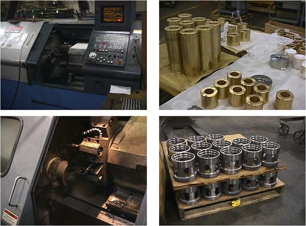CNC lathe work and pallets of turned bronze and steel parts